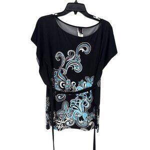 Wrapper Black Floral Tunic Top Size S Drawstring Hem Stretchy Casual Whimsygoth